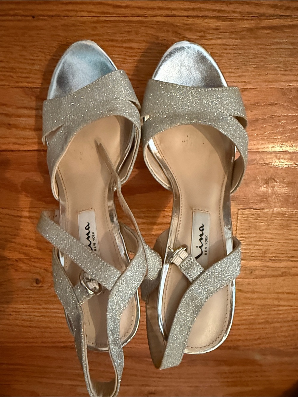 Nina Glitter Open-Toe Dress Heels in Silver